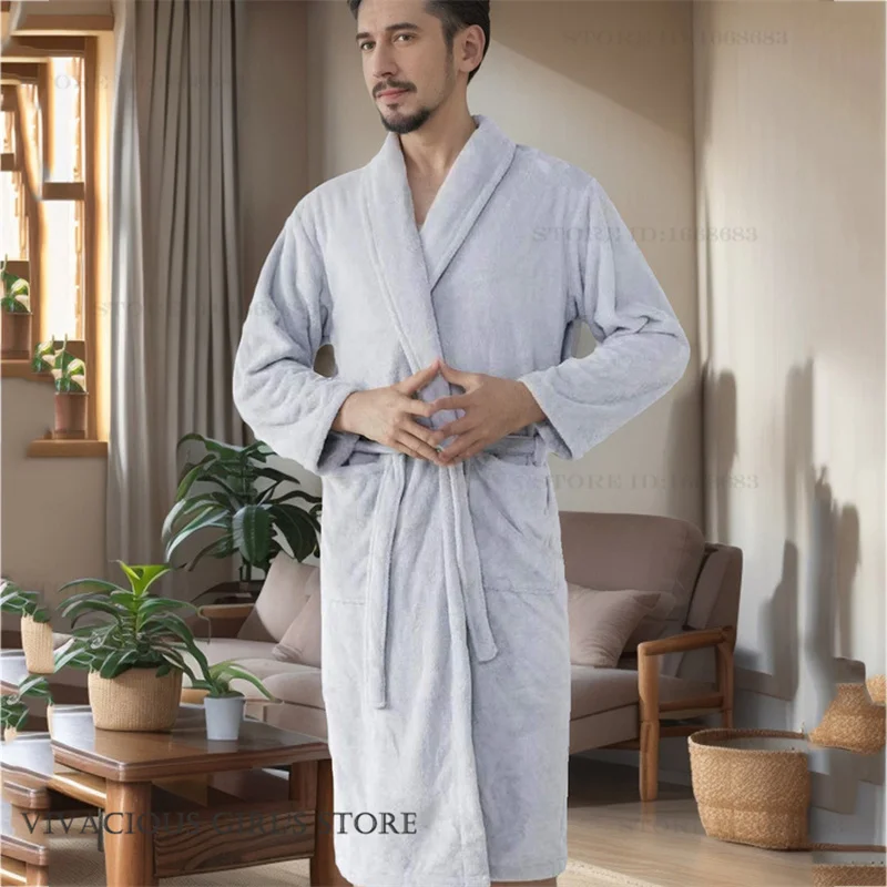 厚手のフランネルメンズローブ着物バスローブガウンルーズカジュアルパジャマホーム服冬コーラルフリースラウンジウェアネグリジェ