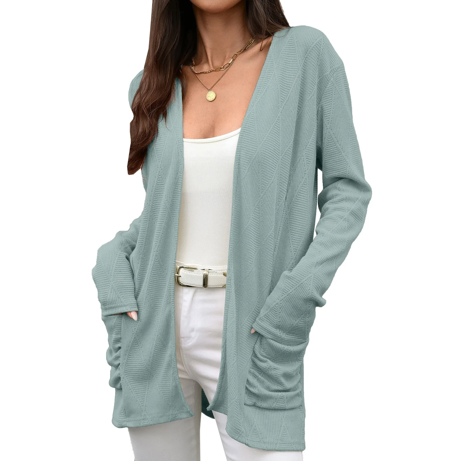 Women Cardigan Long Sleeve Solid Color Winter Clothes Woman Cardigans V Neck Pastel Pink Knit Cardigan Ribbed Open Front