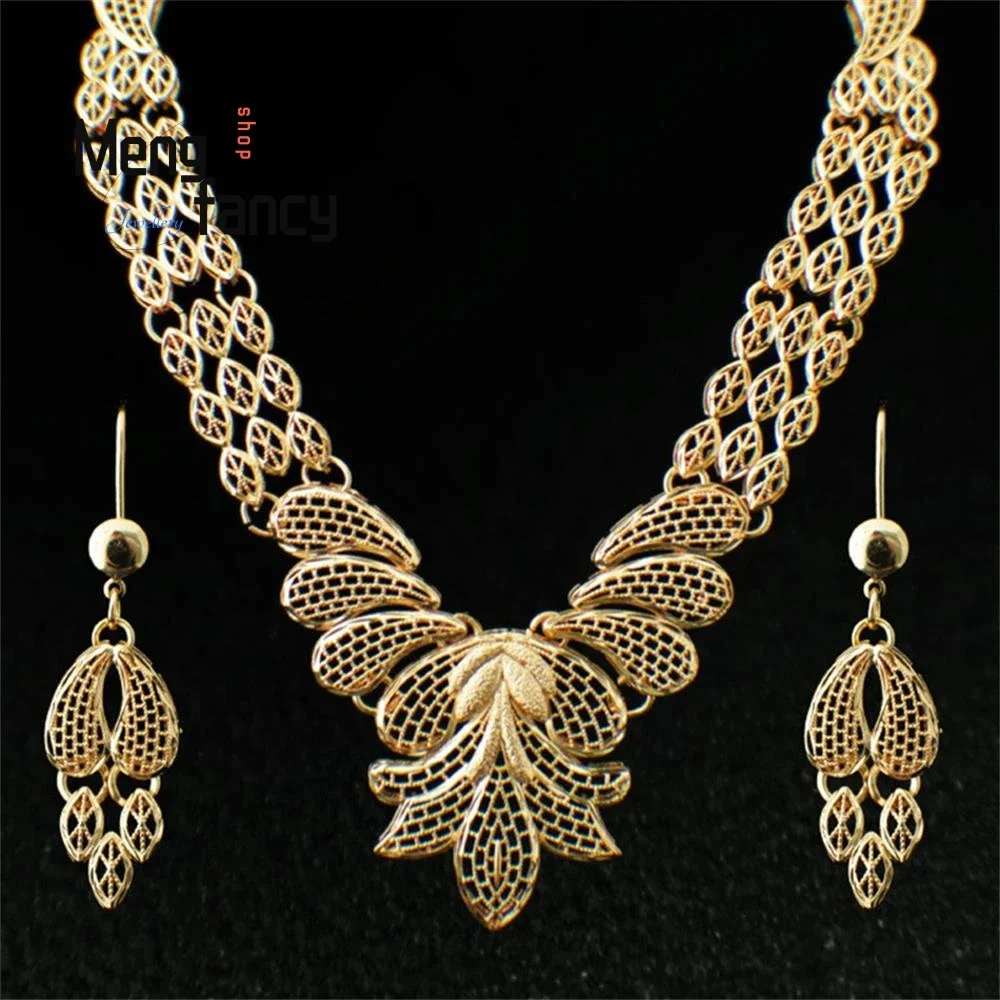 Vietnamese Sand Gold Jewellery SetSaudi Bridal Necklace Bracelet Earrings Ring Exquisite Fashion Luxury Jewelry Wedding Souvenir