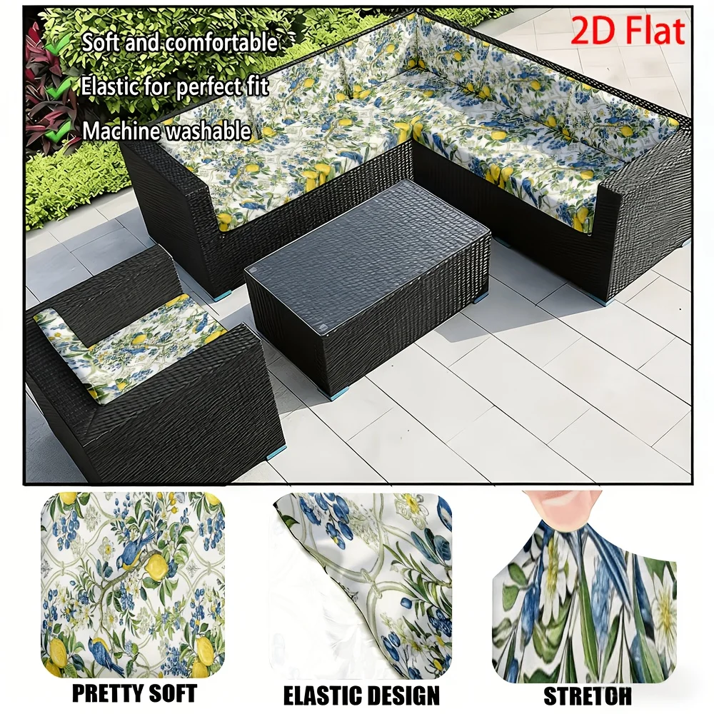 6/8pcs Lemon & Blue Bird Print Outdoor Patio Sofa Cushion Cover, Removable Washable Patio Furniture Slipcover