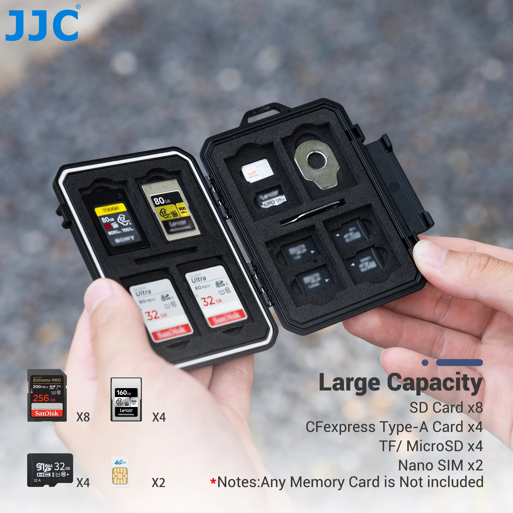 JJC Memory Card Case Box Organizer for 8 SD Card 4 TF Card 4 CFexpress Type A Card Memory Card Storage Box Holder IP67 Dustproof