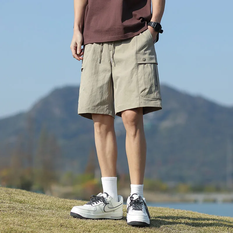 

New Summer Ice Silk Casual Orts Multi-pocket Worker Bag Shorts Men's American Retro Elastic Waist Loose Casual Five-point Pants