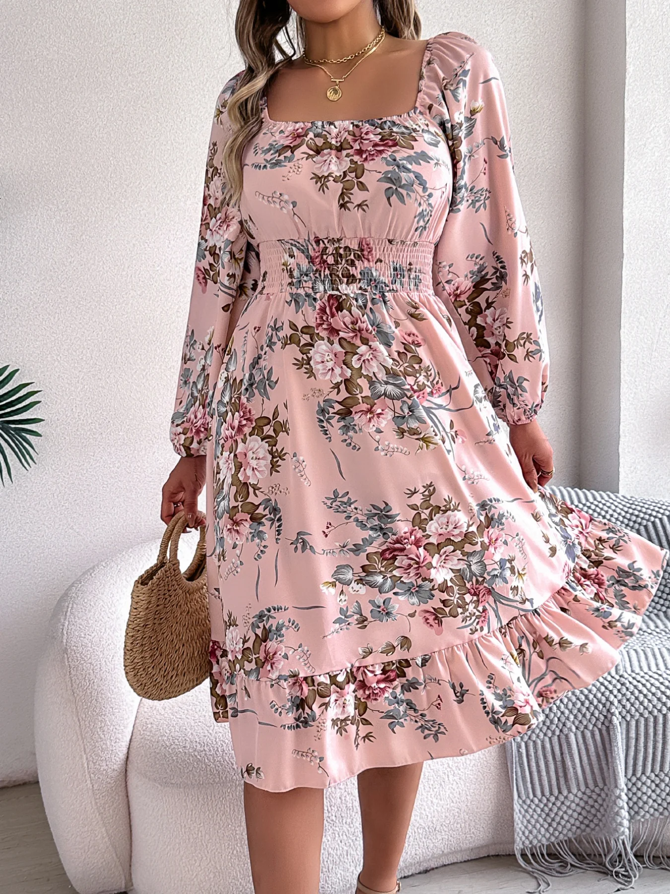 Square Neck Floral Print Cinch - Midi Skirt Floral recension och pris