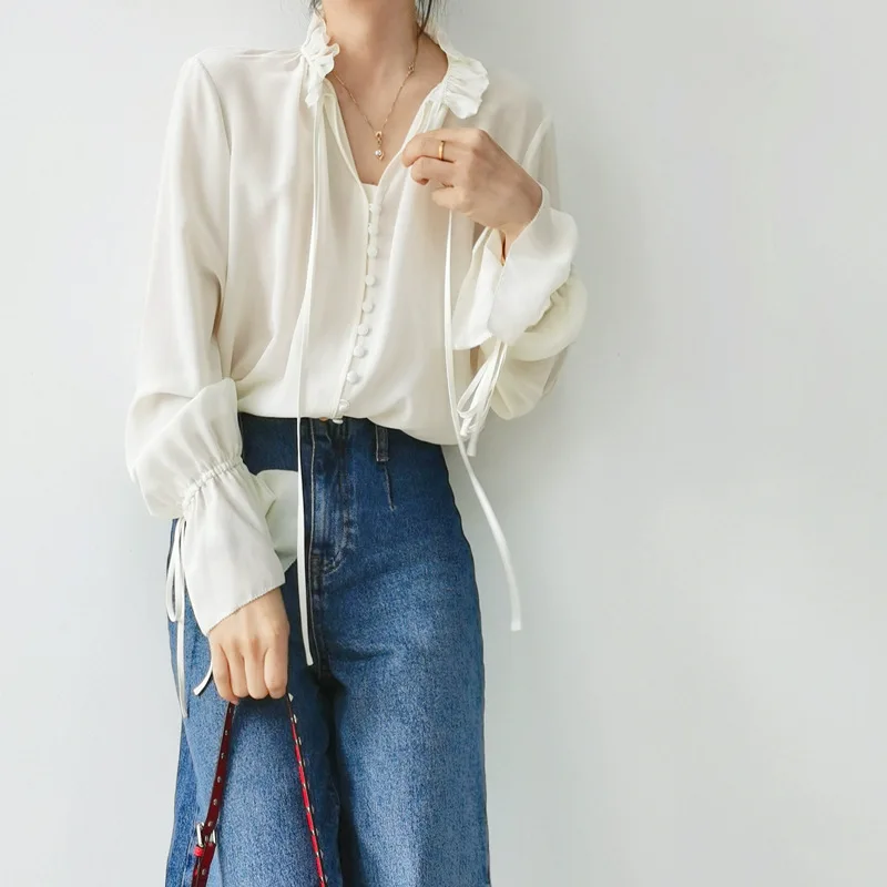 

2025 New Spring Women's High Quality 100% Real Silk Blouses Flare Sleeved Tops