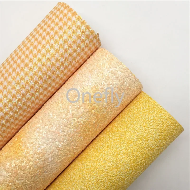 Onefly 21X29CM Yellow Glitter Leather, Birds Printed Fine Glitter Fabric Sheets For Bow DIY  handbags shoes  AQ079