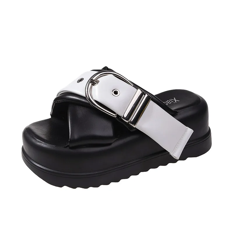 Summer Platform Slippers Women Punk Style Belt Buckle Design Slide Sandals Thick Bottom 7cm Flip Flops Light Non-slip Beach Shoe