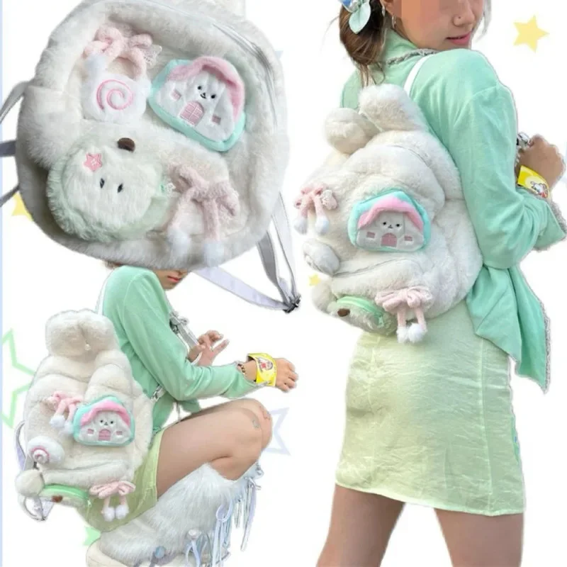 

Bow Plush Backpacks Y2K Rabbit Ear Kawaii Cosplay Apple Cake Plush Cute Macaron Student Back To School Girl Backpack Showa Bag