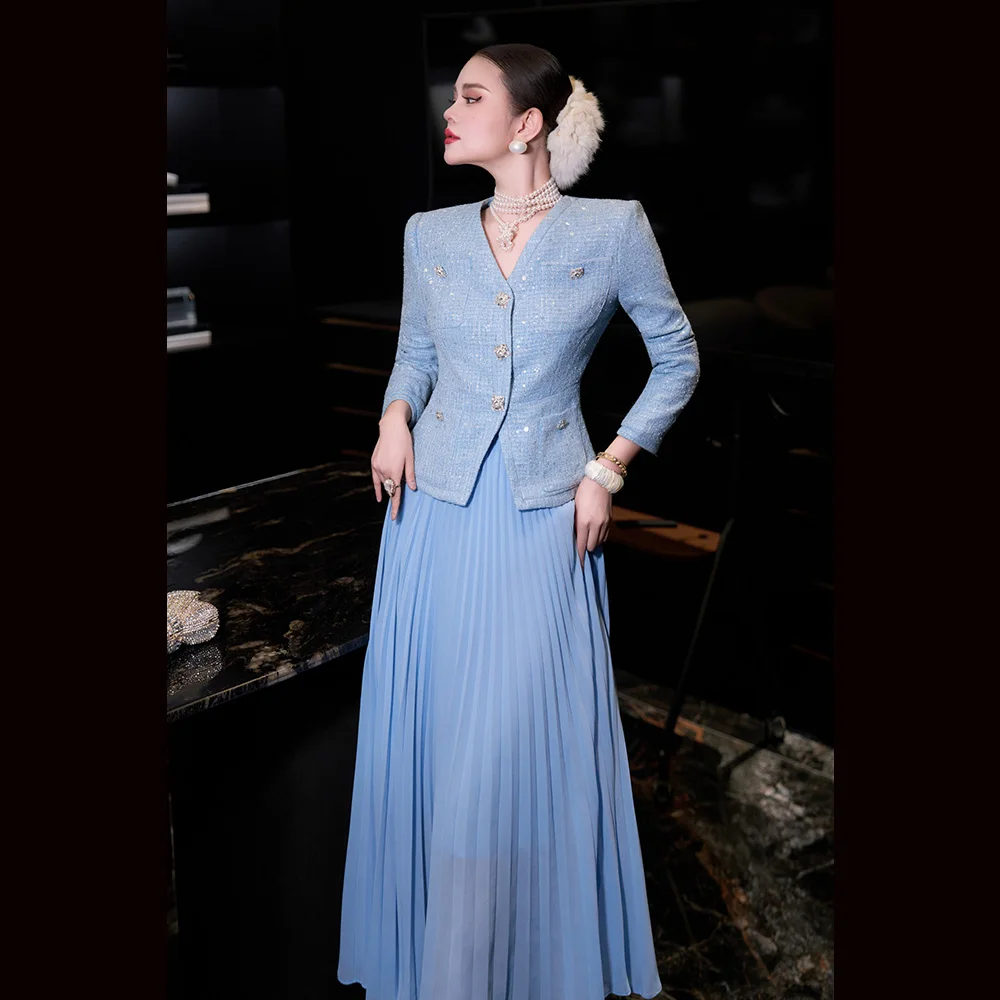 

Meyyithun Women's Set Sequin Luxurious Button Long Sleeve Top+ Pleated Oversized Skirt Elegant Set Winter New Suit