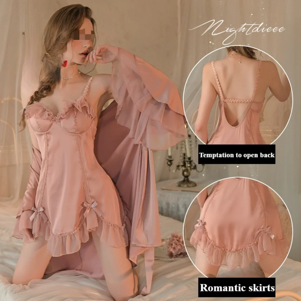 

1PCS Fun thin home suspender nightdress French elegant bow mesh edge robe can be worn outside with chest pad to show the figure.