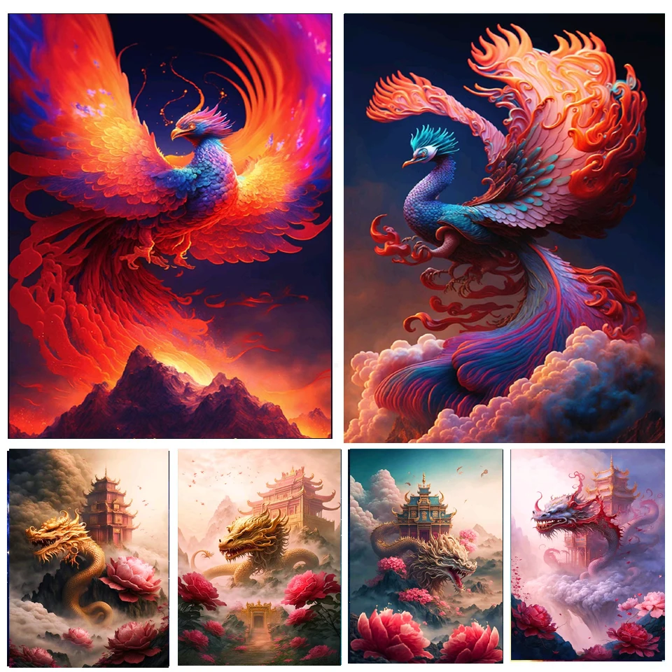 Dragon and Phoenix Peony 5D DIY Diamond Painting Embroidery Fantasy Gothic Artwork Cross Stitch Rhinestone Mosaic Decor A395