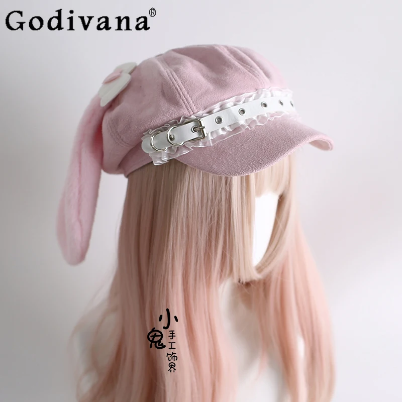 

Original Pink Heart Soft Cute Bunny Ear Hat Y2K Subculture Beret Cute Girl Lolita Decorative Hat