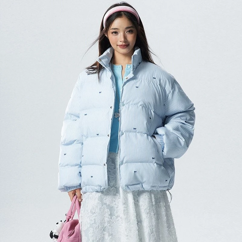 اليابانية الحلو معطف المرأة طويلة الأكمام مخطط القوس الديكور Kawaii عادية Y2K سترة دافئة الخريف الشتاء موضة أبلى #1