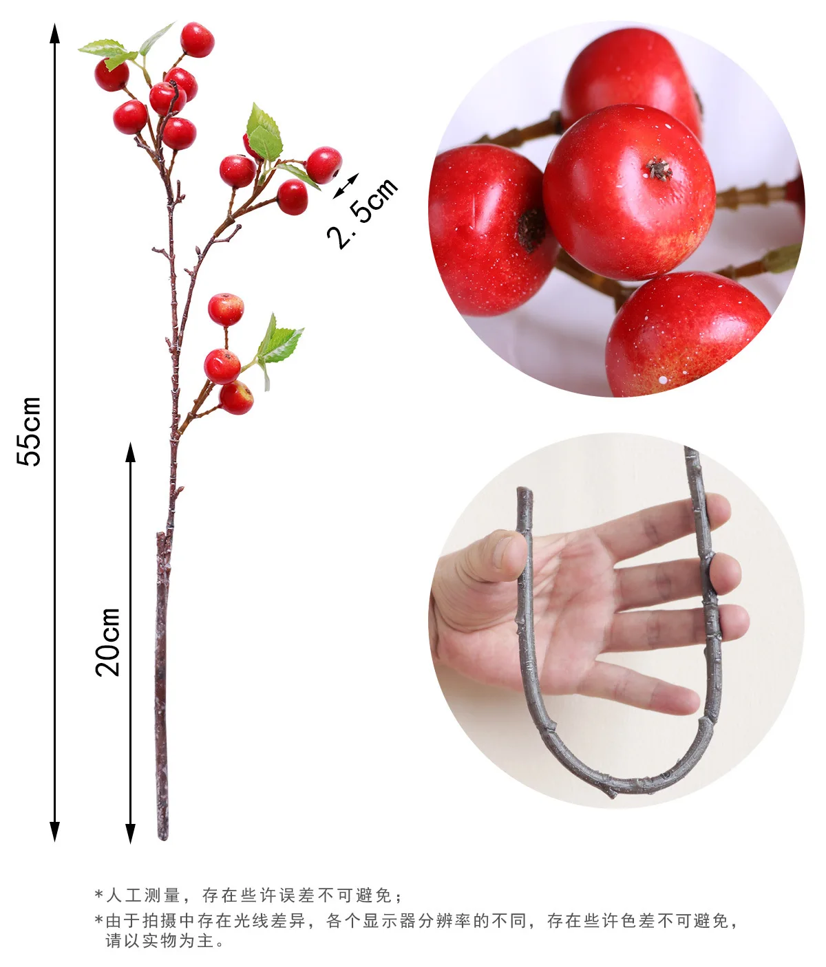 Gut aussehender kleiner Apfel, künstliche Blumen, künstliche Früchte, langer Zweig für Zuhause, Wohnzimmer, Dekoration, Tabelle, Weihnachtsdekoration – Detail 1