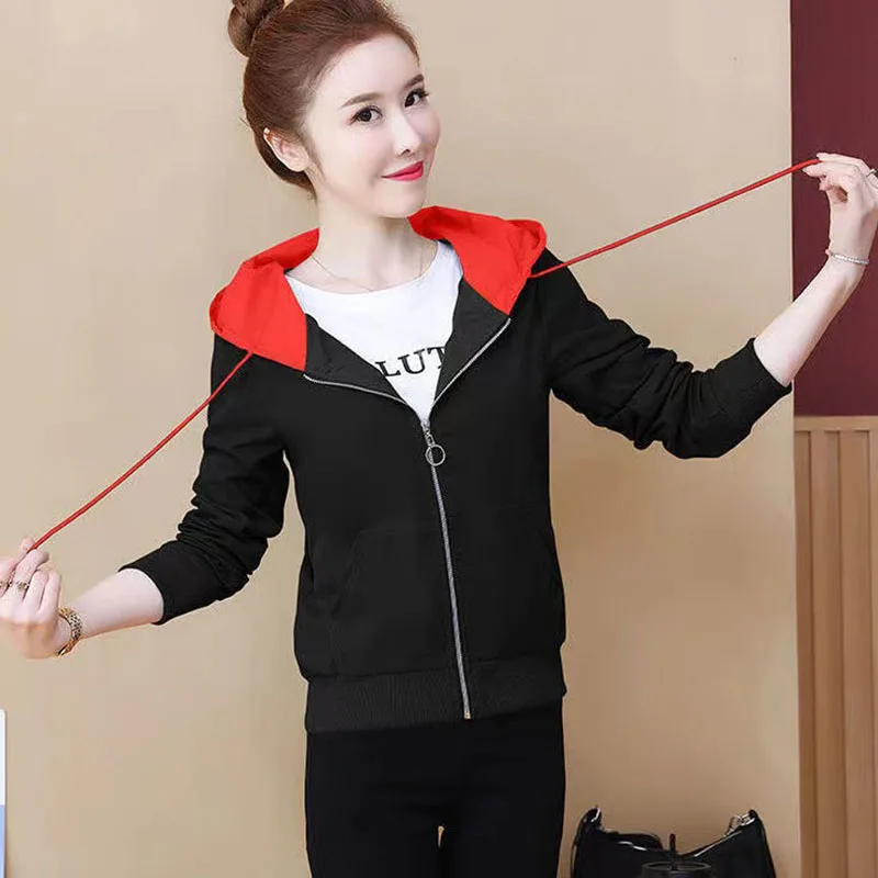 New Short Jacket 2024 Spring And Autumn Ladies Korean Embroidery Loose Joker Splicing Hooded Student Thin Jacket Outerwear Tops