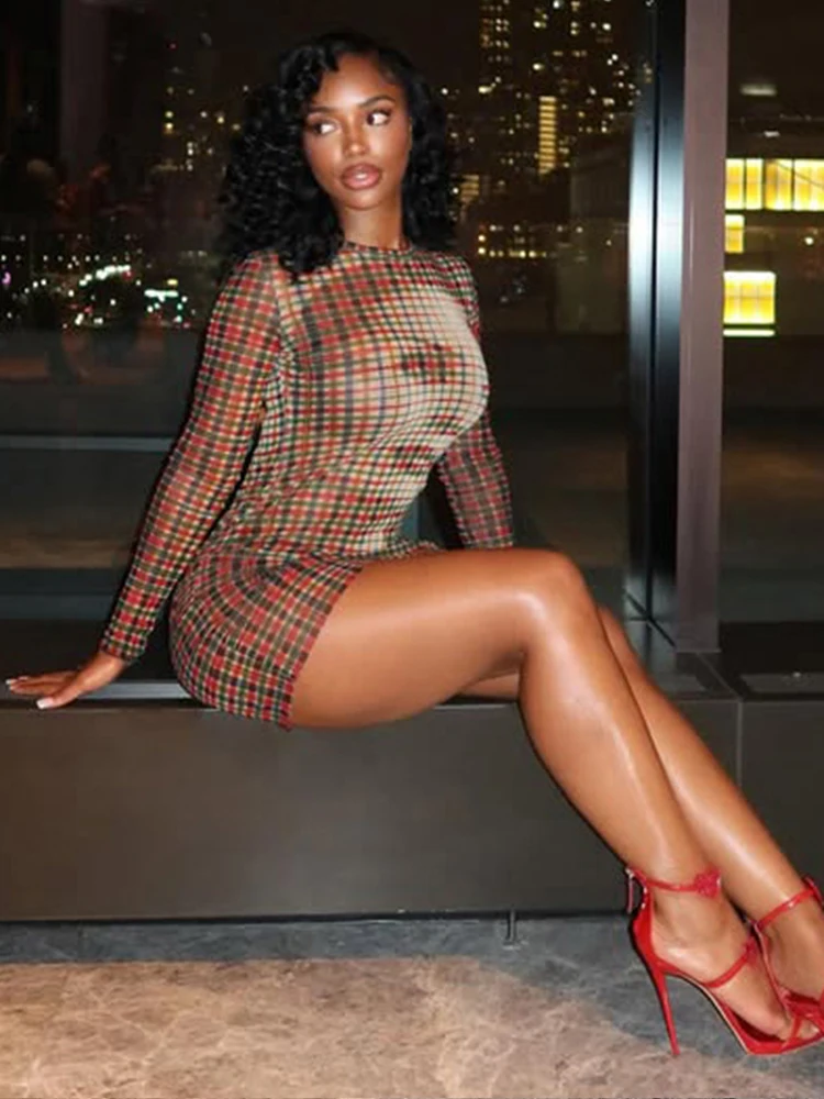 ニバーフェイスプリントドレス女性チェック柄パッチワークoネックフルスリーブスキニーストレッチミッドナイトクラブパーティー秋トレンドミニボディコン