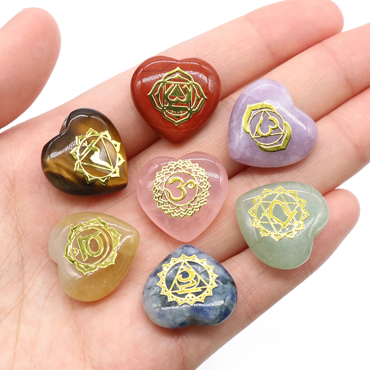 Pierre Naturelle en Forme de Cœur, 7 Chakra Alanding Yst, Œil de Tigre, Massage Gravée, Attention OL Reiki, Guérison, 20x20mm, 7 Pièces/Paquet