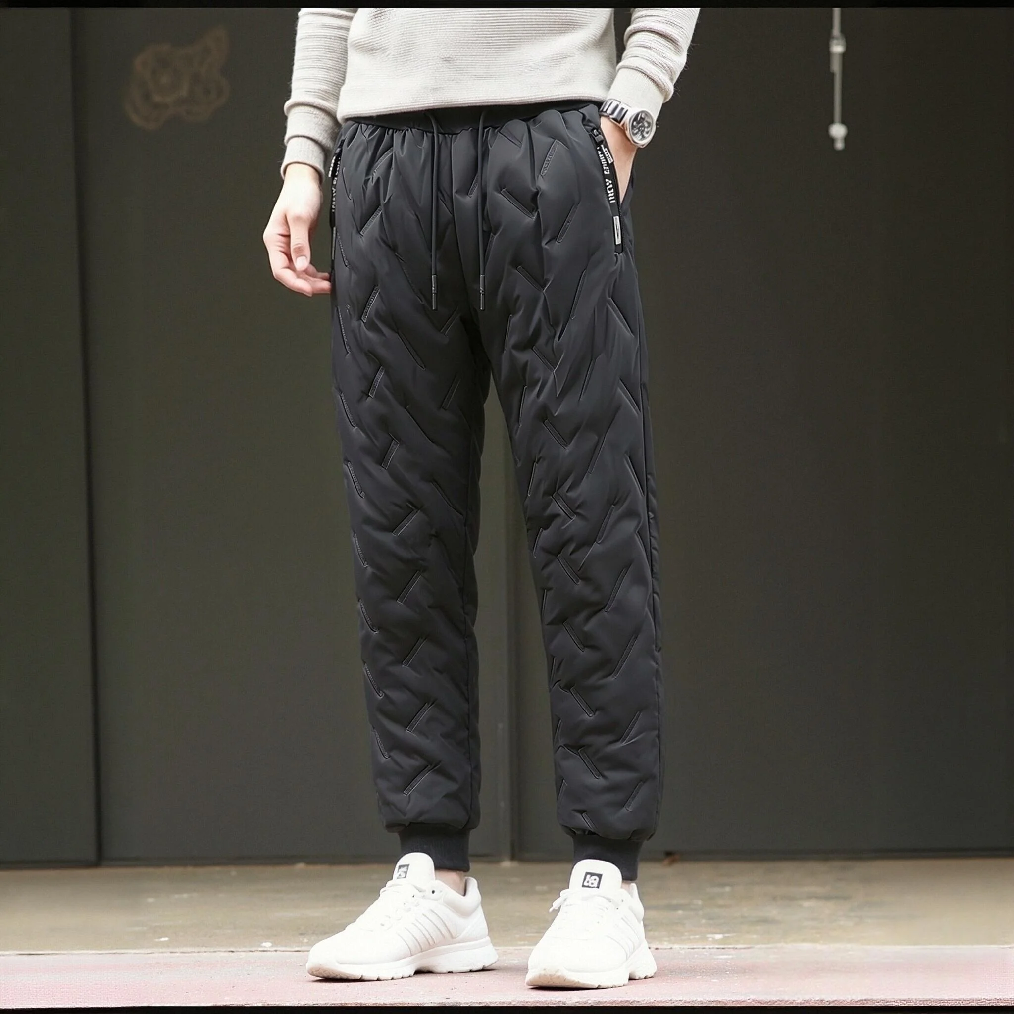 Winter Men Warm Cotton Padded Pants Windproof Drawstring Waist Zipper Pockets Loose Jogger Thermal Trousers