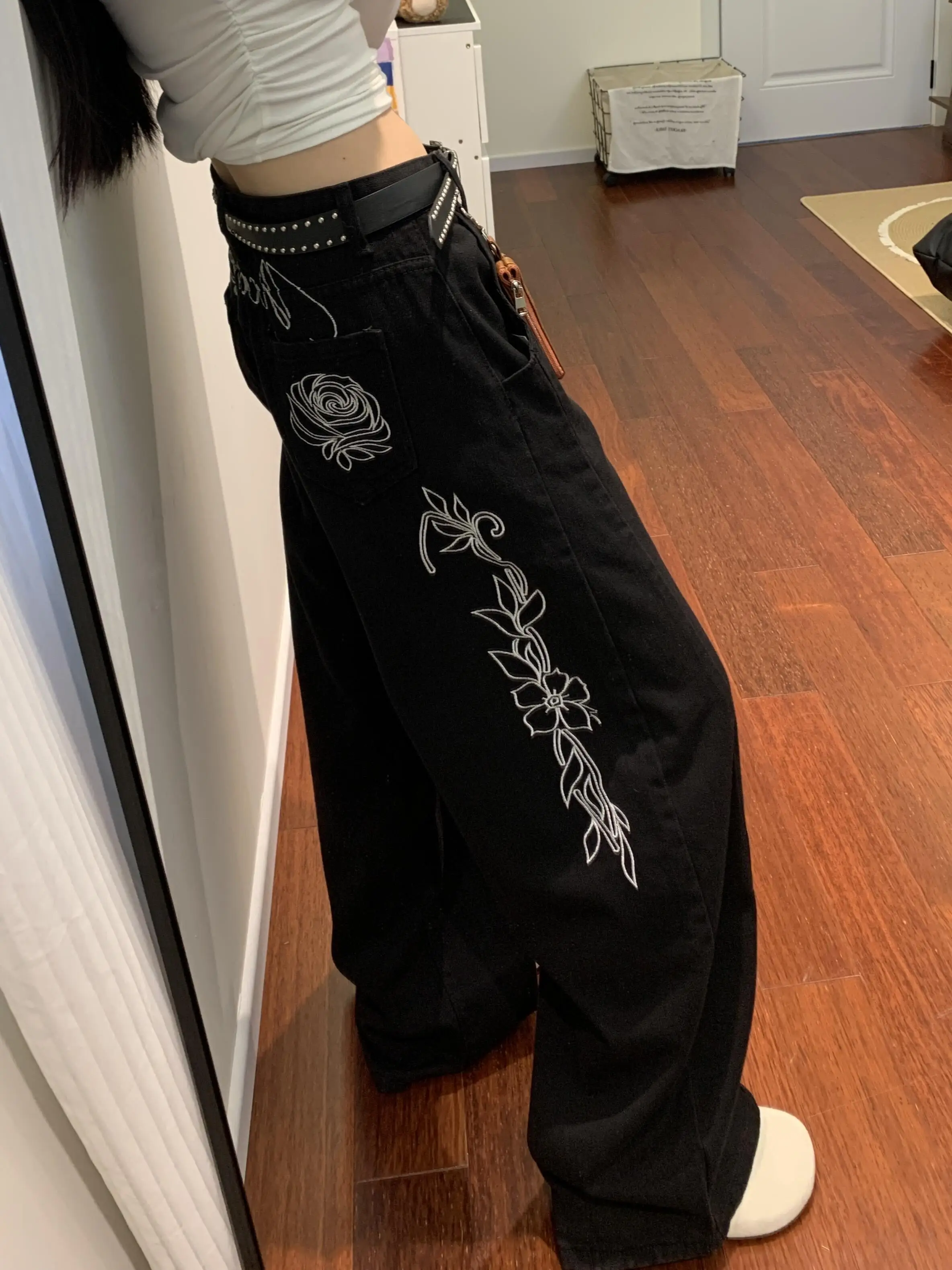 

Sweet Cool Spicy Girl American Style Floral Embroidery Wide Leg Jeans Women's Autumn Design Loose Long Pants High Waist