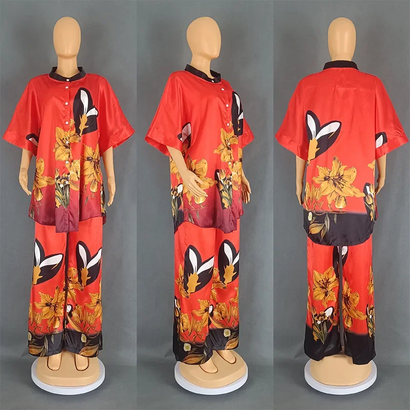 2 Piece African Clothes for Women Summer Fashion Casual African Short Sleeve Print Top Long Pants Matching Sets Outfits 2025