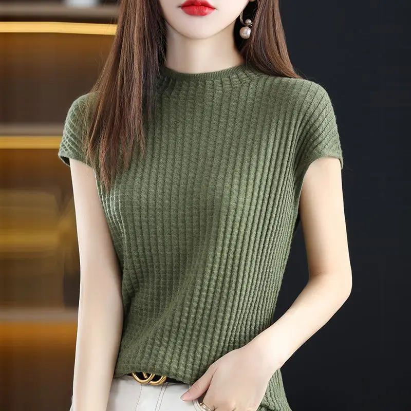 Vintage Half High Collar Women Short Sleeve Knitted T-shirt Spring Summer Versatile Pullover Bottoming Korean Fashion Casual Top