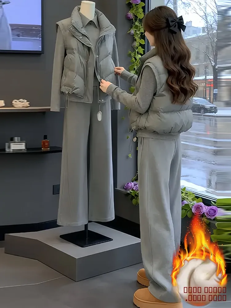 

Корейский женский зимний модный комплект: повседневный спортивный костюм из хлопка с утепленным жилетом, брюками-палаццо и футболкой