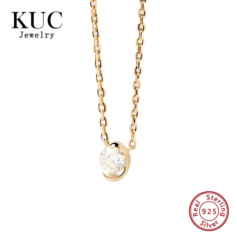 

Dainty 925 Sterling Silver Minimalist Stylish Women Solitary Necklace with a Half-bezel Set a Round Zirconia
