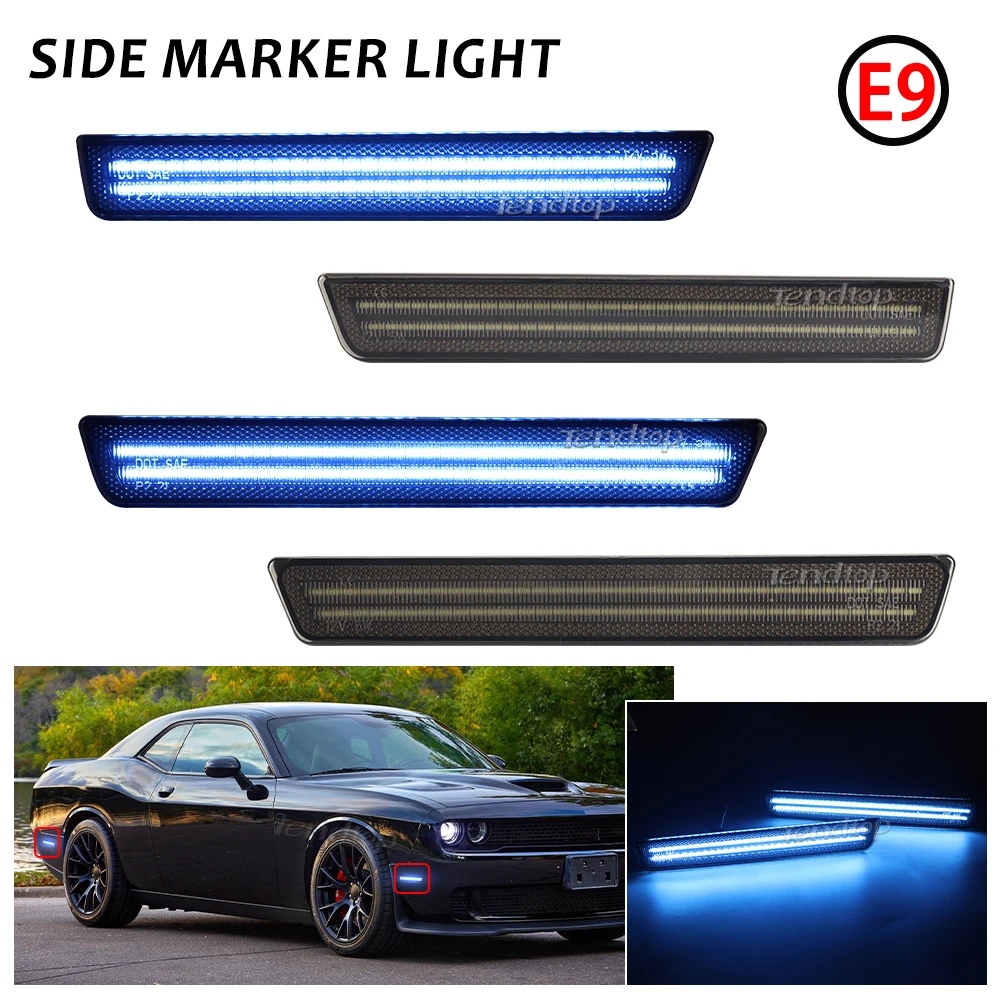 Smoked Lens Blue LED Front Rear Bumper Side Marker Lights for Dodge Challenger 2015 2016 2017 2018 2019 2020 2021 2022 2023