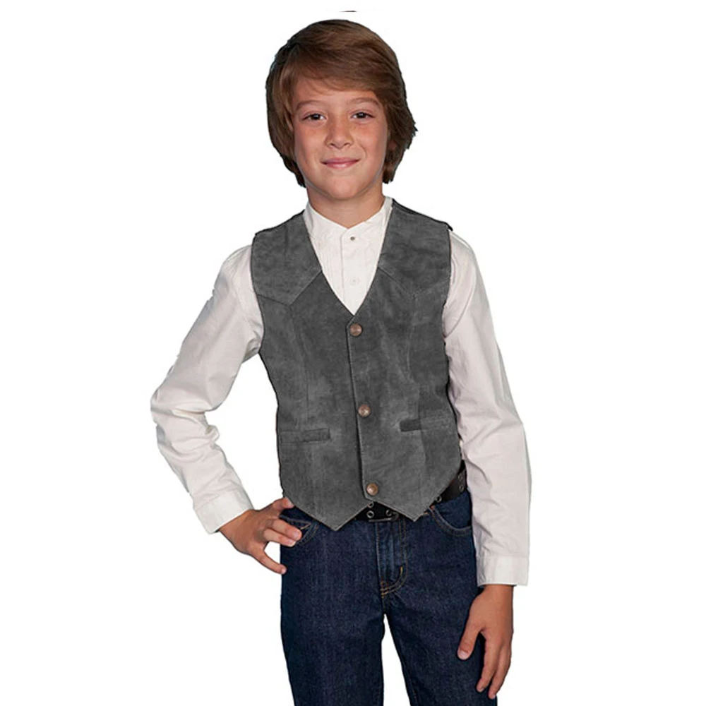 Chaleco informal de piel de ante para niño, chaqueta sin mangas, 3 botones, cuello en V, estilo vaquero del oeste