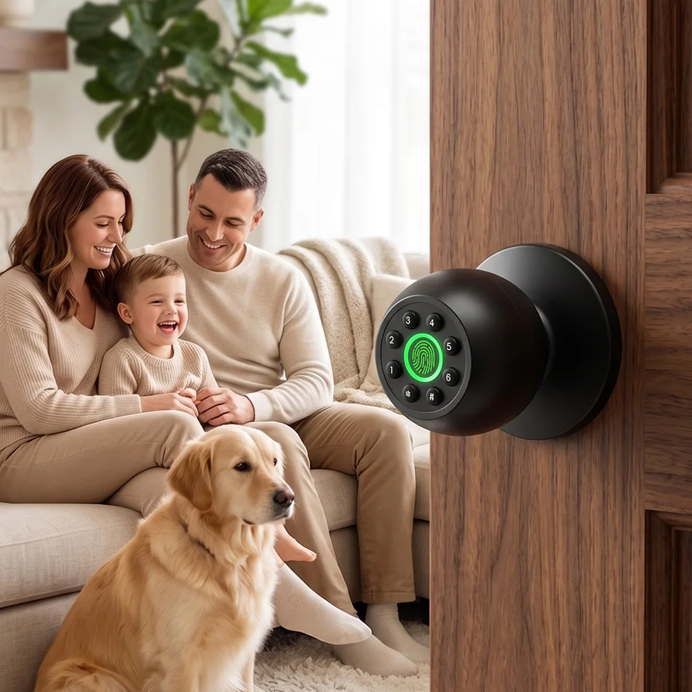 YFK Smart Fingerprint Door Lock Ball Knob Keyless Entry Password APP Remote Unlock Anti-Peeping Type-C Emergency Power Auto Lock for Home Office