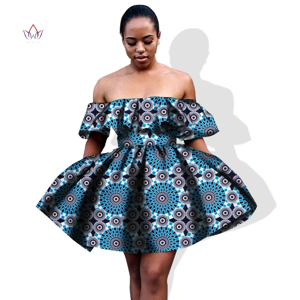 Bintarealwax Summer African Dress for Womans Mini Puff Sleeve African Dresses Plus Size Dress Strapless Ball Gown WY1046