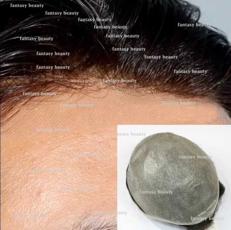 Peluca de línea de pelo Natural para hombre, cómoda v-ring, 0,02mm, piel ultrafina, corte completo, sistema de reemplazo de inyección capilar, prótesis