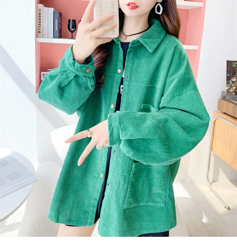 2024 New Solid Color Corduroy Shirt for Women with a Small Design Sense Loose Long sleeved Top Medium length Shirt Coat P512