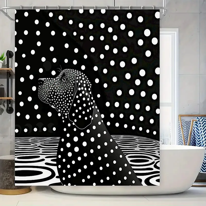 Modern Polka Dot Dog Shower Curtain for Bathroom Decor Black White Print with Optical Illusion Design (180 x 240 cm)