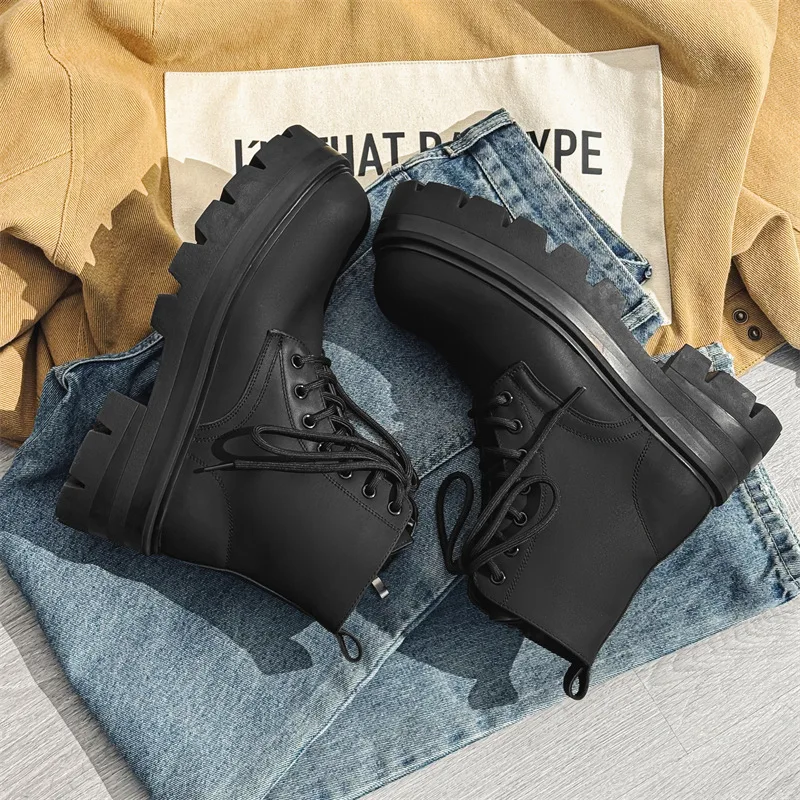 Height Increasing Black Vintage British Men Shoes Autumn Winter Men Ankle Boots Outdoor Work Military Boots  Motorcycle Boots