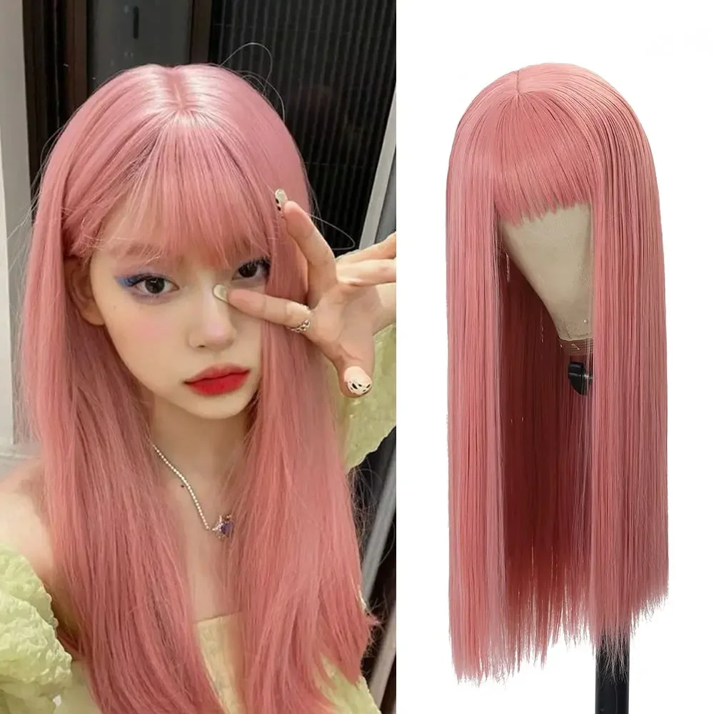 

Pink Long Straight Synthetic Wig Air Fringe White Woman Daily Cosplay Party Heat Resistant Full Headgear For Halloween