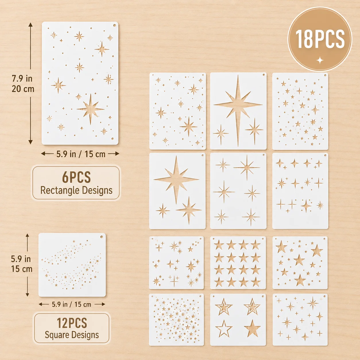 18PCS 5.9 X 7.9 in & 5.9 X 5.9 in Star Stencils Reusable Painting Templates for DIY Wall Fabric Crafts 6 Rectangle + 12 Square