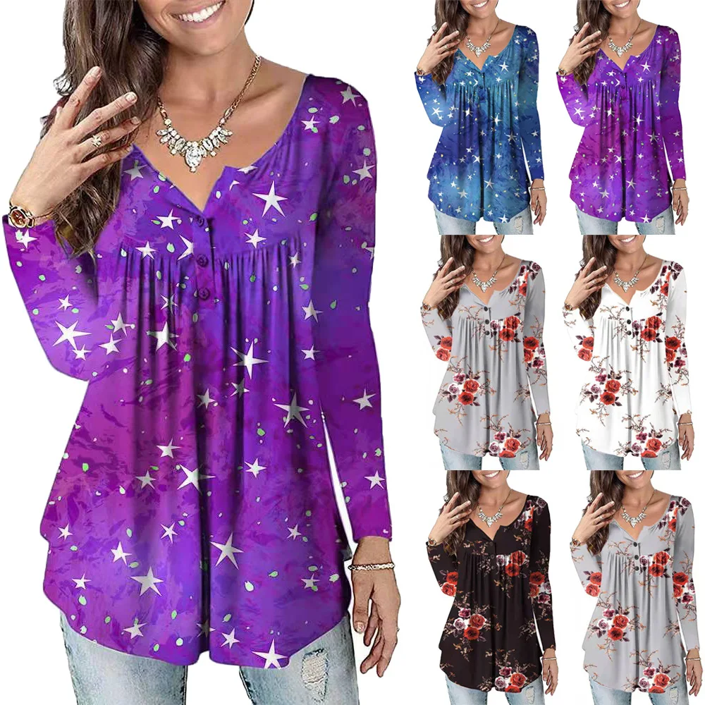 Spring and Autumn Fashion Women's Flower Star Print Open Button V-Neck Long Sleeve T-Shirt Casual Commuter Office Top Lady