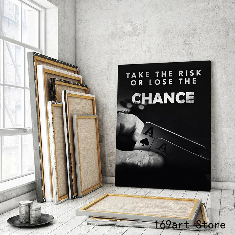 Motivational Quotes Take The Risk or Lose The Chance & Poker Art Poster Canvas Painting Wall Prints Picture for Room Home Decor