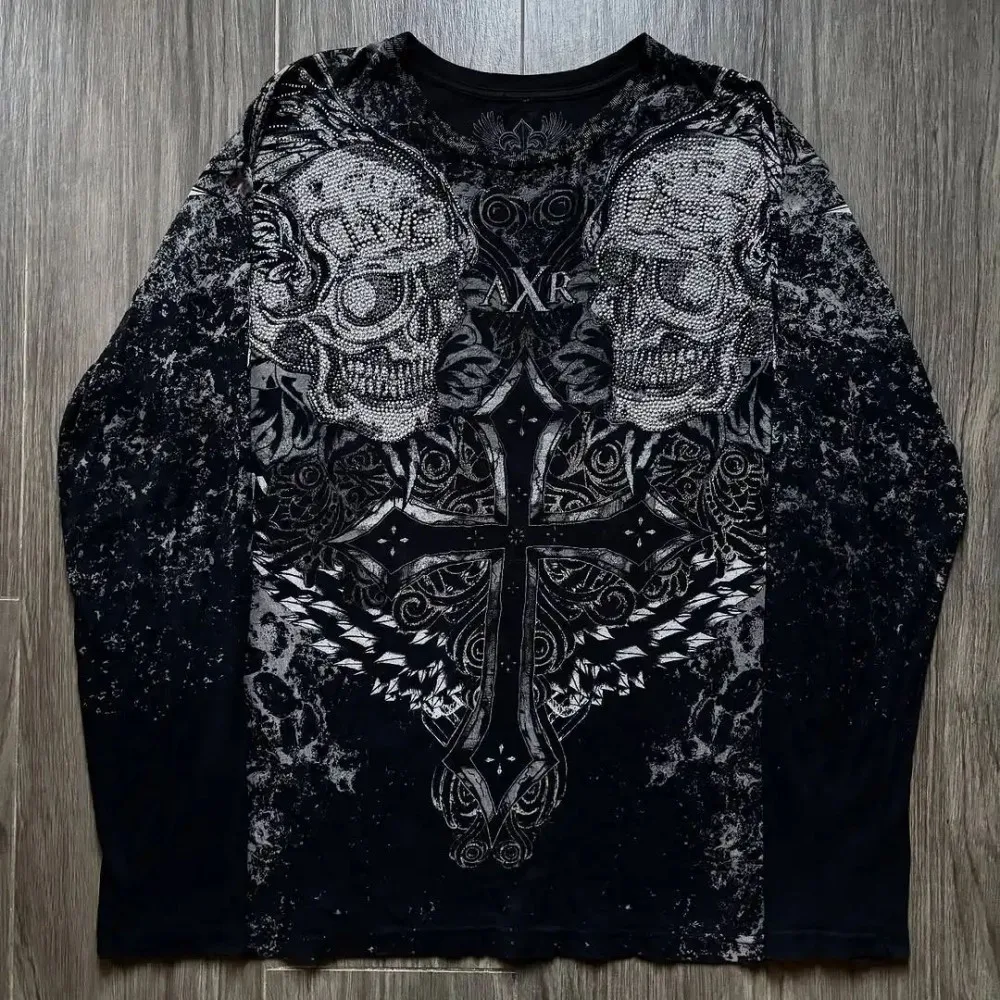European and American Men's Autumn Fashion Skull Wing Print Comfortable Soft Long Sleeved T-Shirt Outdoor Street Style Top image 4