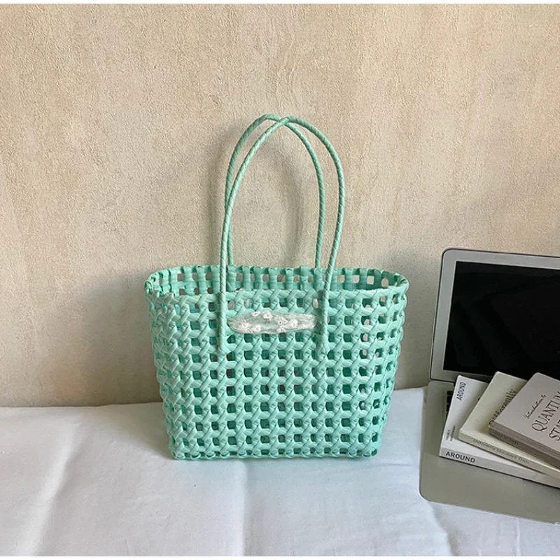 Koreanische Hohlgeflochtene Schleifen-Handtasche, Süße Einfarbige Gemüsekorb-Tasche, Lässige Vielseitige Schultertasche mit Großer Kapazität, Neu – Detail 9
