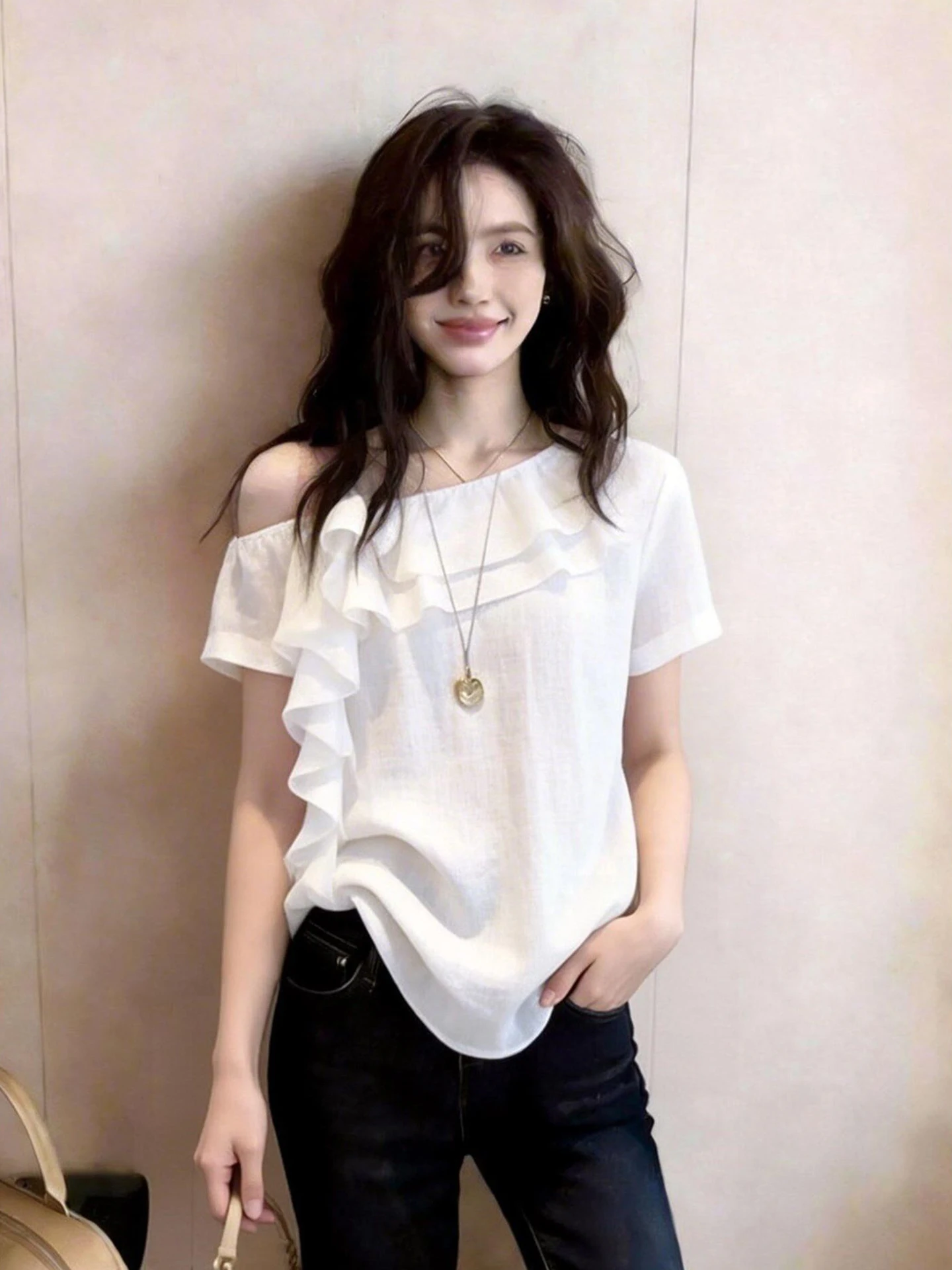 

Fashionable Korean Style Sleeveless Top Summer Commute Pure Color Ruffle Hem Base Shirt Younger Looking Slant Shoulder Shirt