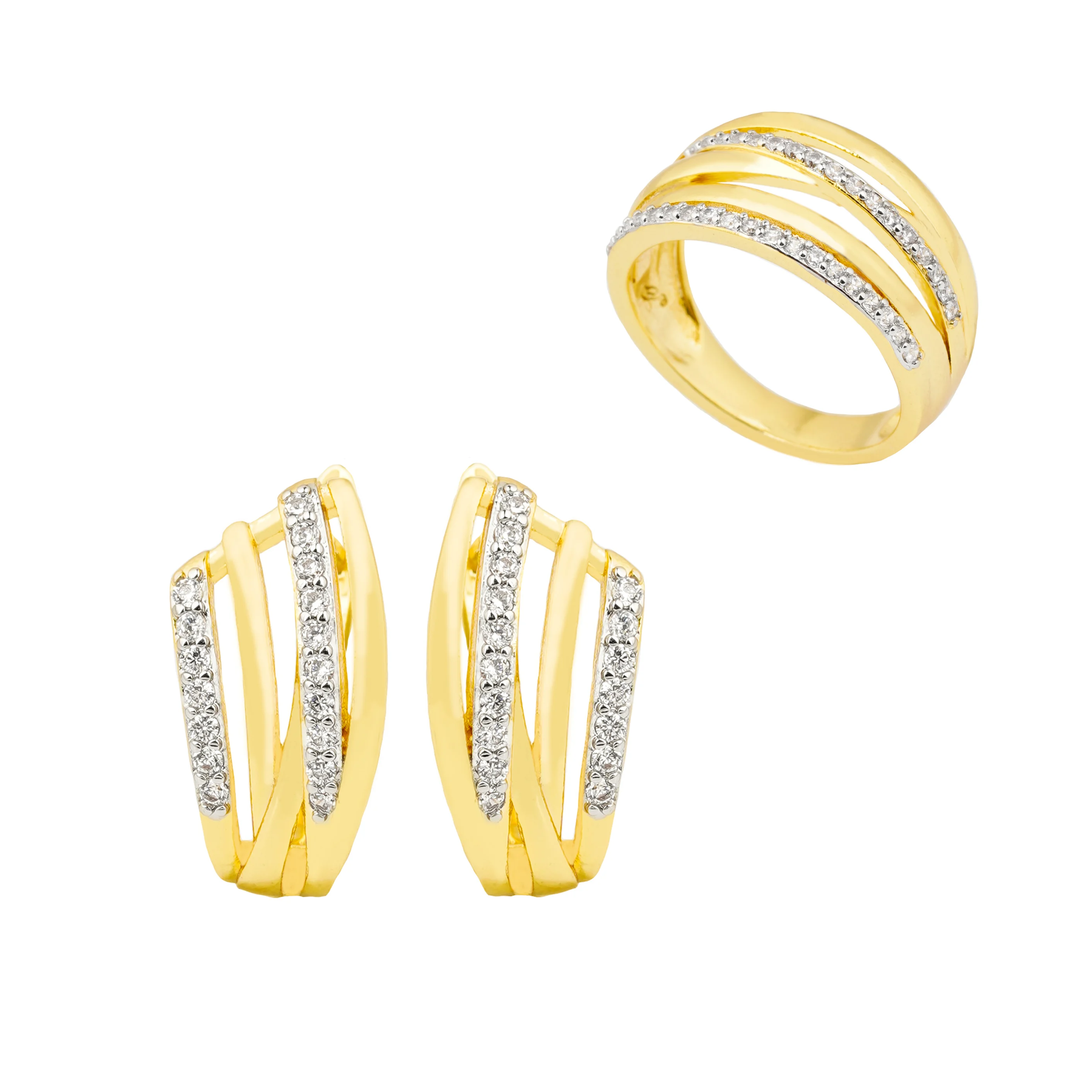 LUYIN Classical Style Hollow Brilliant Inlaid Zirconia Earrings Ring Women\'s Set Copper Plated 14K 2 Tone Party Valentine\'s Gift