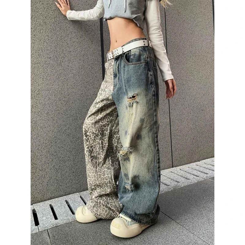 ZHIZOU Baggy-Jeans für Damen, Y2k, japanisch, amerikanisch, Retro, zerrissen, Leopardenmuster, Denim-Hose, Grunge, Harajuku, Hip-Pop, Cowboy, breite Passform