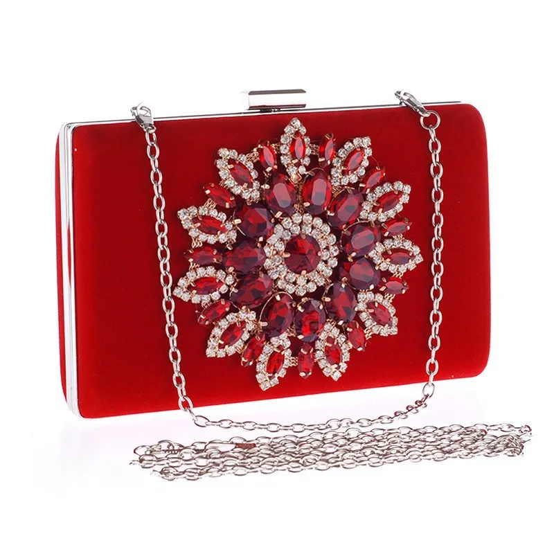 

Flower Sun Diamonds Velvet Ladies Autumn Winter Velvet Box Dinner Bag Sparkly Rhinestone Decoration Banquet Bag Clutch Evening