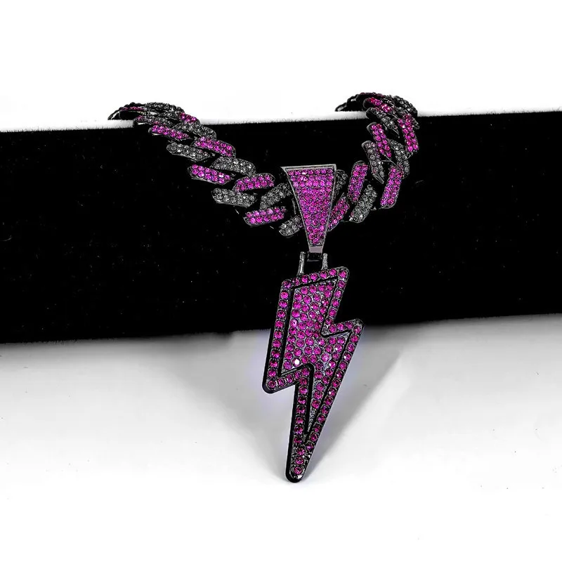 

14mm Dark Purple Black Iced Out CZ Cuban Choker Necklace for Women Men Hip Hop Lightning Pendant Rock Hip Hop Jewelry