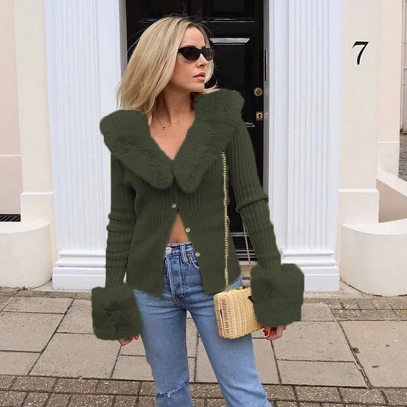 Women Girls Long-sleeved Furry Lapel Crop Top T-shirt Y2k Slim Fit Autumn/winter New Club Outfit Faux Fur Collar Cardigan
