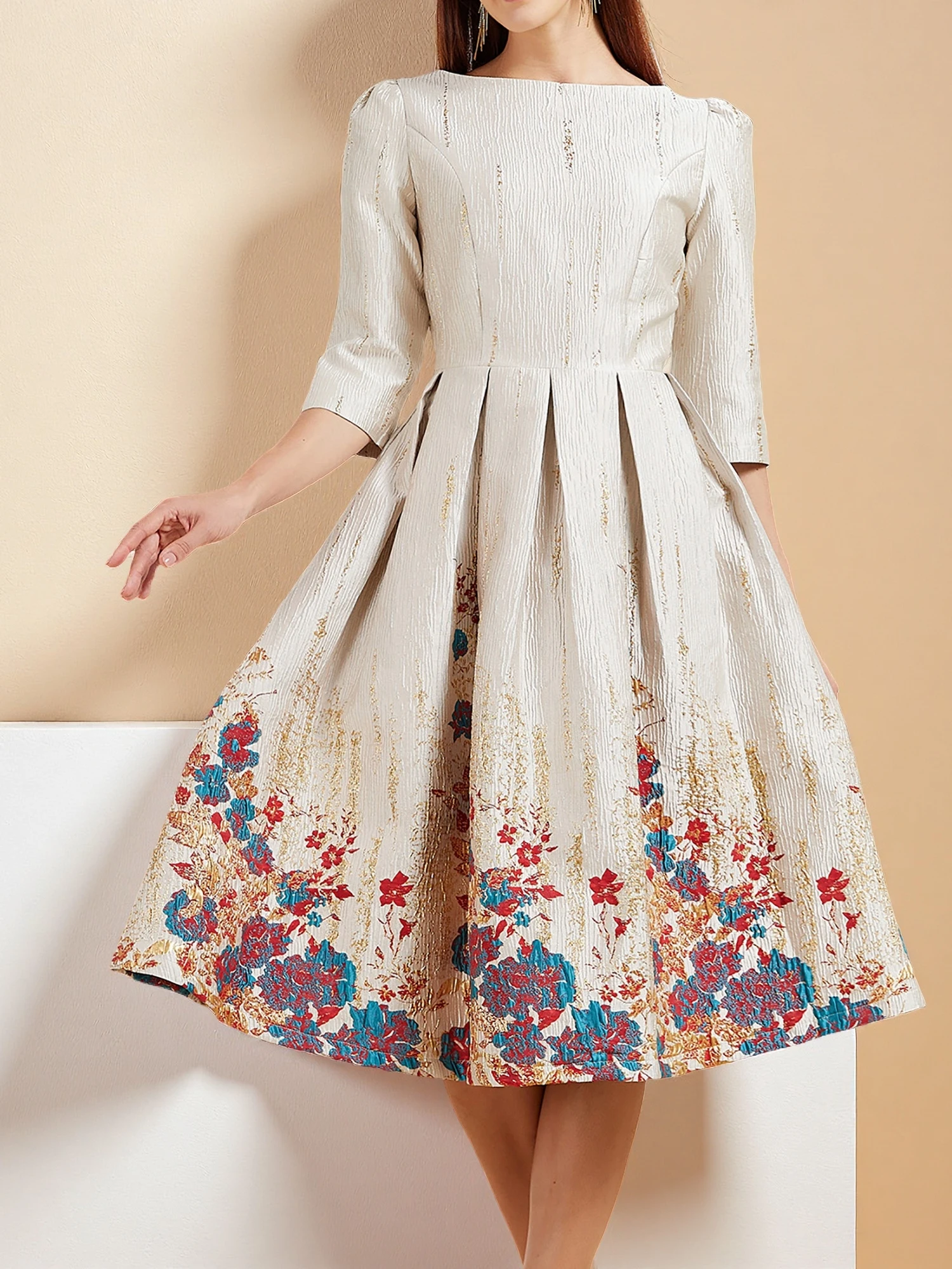 

DEVCHATA Fall Winter Luxury Women Mid-Calf Dress England Style New Floral Fashion Jacquard Party Slim Waist Knee-Length Vestidos