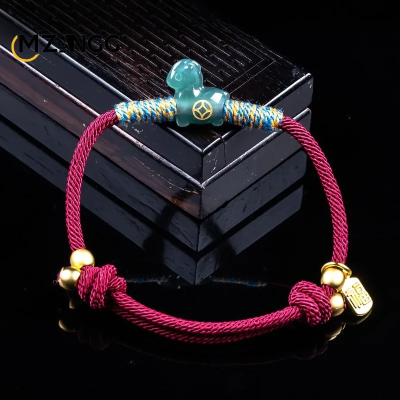 Natural Jadeite Wealth Zodiac Horse Bracelet for Fashion  Auspicious Red String High-quality Bracelet Gift for Men and Women.