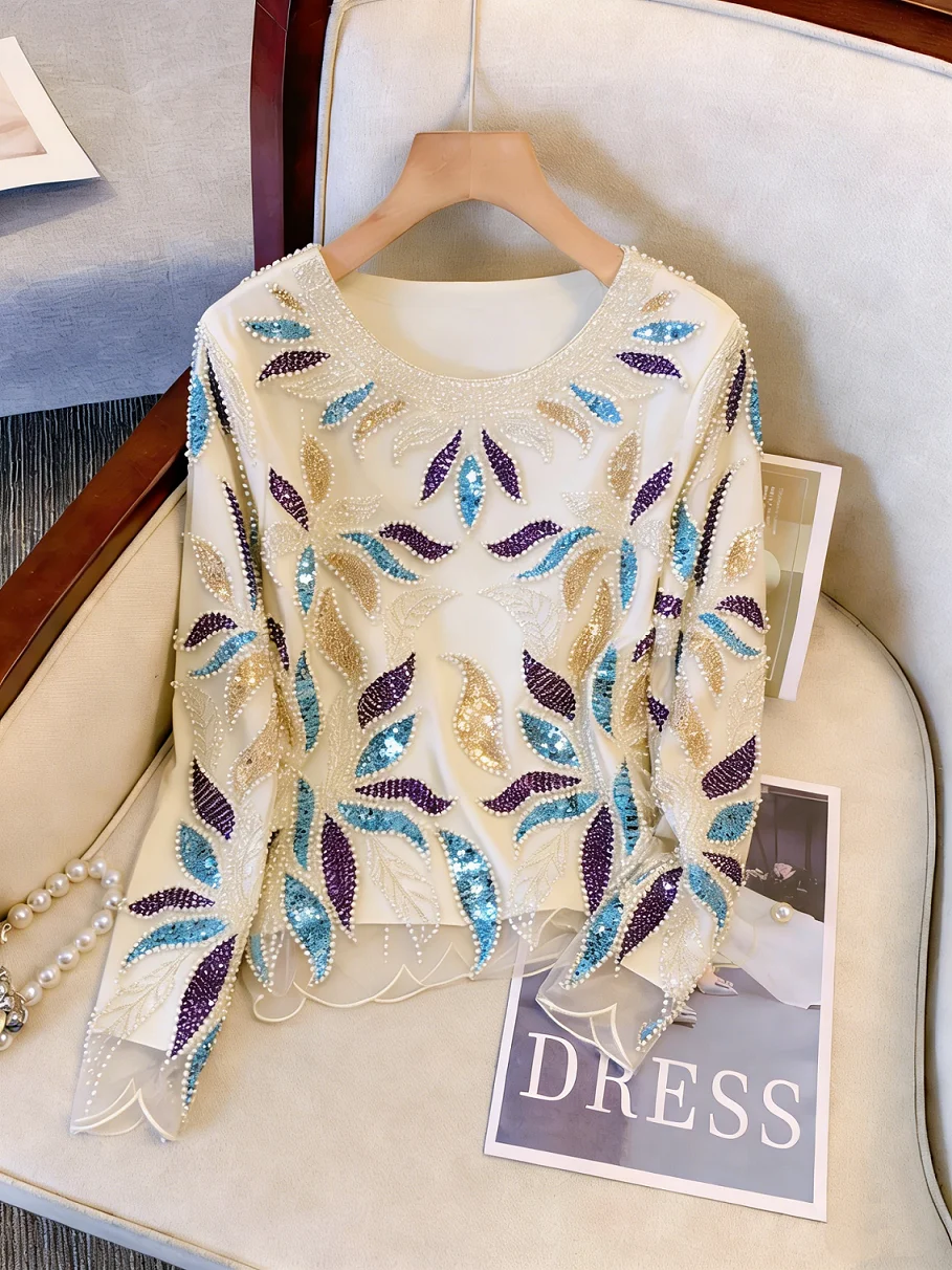 

Элегантный женский топ для вечеринок с бисерной отделкой спереди и сзади - блестящая футболка с длинными рукавами и пайетками.