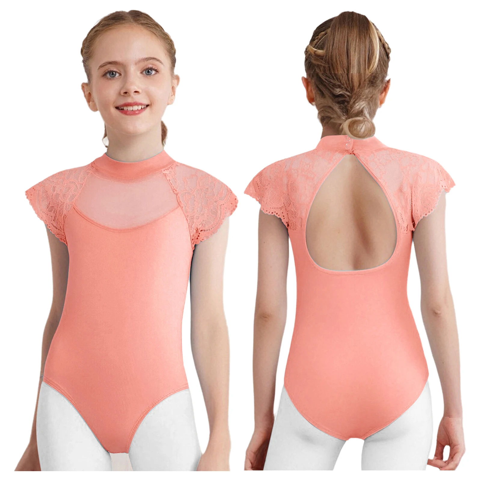 키즈 걸 리리컬 발레 레오타드 시어 메쉬 패치워크 컷아웃 체조 바디수트 발레 댄스웨어 피겨 스케이팅 공연용